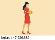 Woman holding big coin with dollar sign. Loans, credits, money transactions. Simple flat illustration. Стоковое AI-изображение, AI-художник Коханова Наталья / Фотобанк Лори