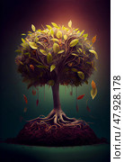Magical a green tree, with roots in a clod of earth, on a dark green background. Стоковое AI-изображение, AI-художник Zakharova Natasha / Фотобанк Лори