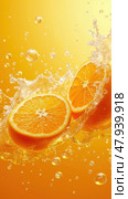 Bright Oranges Burst Through Refreshing Bubbles, Creating an Enticing Visual Appeal. Стоковое AI-изображение, AI-художник Sergey Grishin / Фотобанк Лори