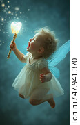A Joyful Fairy With Transparent Blue Wings is Floating Near a Sleeping Baby, Holding a Magic Wand That Emits Light. Стоковое AI-изображение, AI-художник Sergey Grishin / Фотобанк Лори