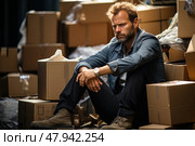 Sad man is seen sitting on ground surrounded by various cardboard boxes. Стоковое AI-изображение, AI-художник Данила Большаков / Фотобанк Лори