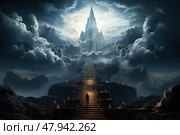 Lonely man walks up grandly adorned stairway leads to mythical castle standing proudly amidst clouds. Стоковое AI-изображение, AI-художник Данила Большаков / Фотобанк Лори