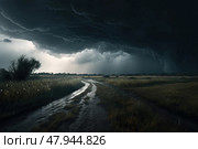 Dark storm clouds sweep in over a dirt road, creating a dramatic scene of impending bad weather. Стоковое AI-изображение, AI-художник Данила Большаков / Фотобанк Лори