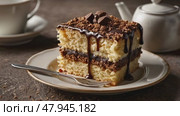 Close-up view of a biscuit cake with a drizzle of chocolate syrup on the saucer, a coffee cup and kettle in the background. Стоковое AI-видео, аниматор Михаил Строгалев / Фотобанк Лори