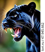 Panther (Lat. Panthera) is a genus of large predatory mammals from the cat family. Стоковое AI-изображение, AI-художник Сергей Елизарьев / Фотобанк Лори