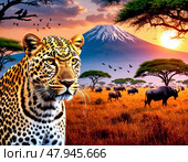 The leopard (Lat. Panthera pardus) is a species of predatory mammals of the cat family, belonging to the subfamily of big cats. The species' range covers Africa and the southern half of Asia. Стоковое AI-изображение, AI-художник Сергей Елизарьев / Фотобанк Лори
