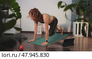 Fit woman holds plank pose during, home workout. Guided by online trainer on tablet, she follows structured program to strengthen core and improve stamina. Perfect for healthy lifestyle visuals. Стоковое видео, видеограф Енваев Андрей / Фотобанк Лори