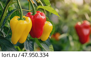 Growing pepper plants with big fruits. Juicy yellow, red peppers hanging on the vine. Plantation. Produce in a Modern greenhouse. Close Up ripe pepper on a branch. Crop of vegetables. Selective focus. Стоковое AI-видео, аниматор Марина Демидюк / Фотобанк Лори