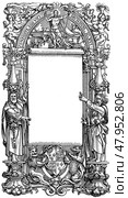 Black and white title page by H. Holbein, German Renaissance style, vintage book illustration from around 1540. Publication of the "Meyers encyclopedia", Vol. 6, Leipzig, Germany, 1910. Стоковая иллюстрация, иллюстратор Sergey Kohl / Фотобанк Лори
