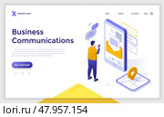 Landing page with man checking email letters on smartphone. Digital devices. Communications concept isometric vector illustration. Guy texting in chat and seeking location online 3d composition. Стоковая иллюстрация, иллюстратор Андрей Красовицкий / Фотобанк Лори