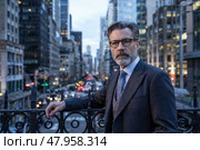 Respectable and serious man wearing glasses on the street. Стоковое AI-изображение, AI-художник Дмитрий Киселёв / Фотобанк Лори