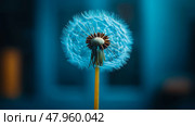 A dandelion seed head stands tall with delicate seeds catching light, creating a serene atmosphere in a softly lit environment. Стоковое AI-изображение, AI-художник Данила Большаков / Фотобанк Лори