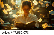 A young woman is deeply engaged in reading a book as pages seem to float around her in a cozy library filled with warm light. Стоковое AI-изображение, AI-художник Данила Большаков / Фотобанк Лори