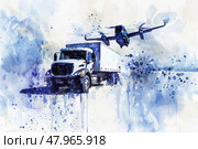 A vibrant watercolor artwork blending a transport truck and an airplane against a splashy blue background. Стоковое AI-изображение, AI-художник Данила Большаков / Фотобанк Лори