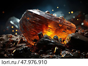 Stunning, translucent amber gemstone lies resplendent amongst shards of dark coal, its inner fire elegantly contrasting with the surrounding darkness as if echoing the last embers of a dying day. Стоковое AI-изображение, AI-художник Данила Большаков / Фотобанк Лори