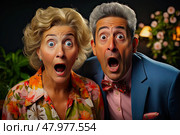 Mature man and woman engage in a comical interaction, showcasing their humorous and exaggerated facial expressions. Стоковое AI-изображение, AI-художник Данила Большаков / Фотобанк Лори