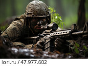Sentinel of the Forest: A Lone Soldier Guards His Post Amongst the Trees. Стоковое AI-изображение, AI-художник Данила Большаков / Фотобанк Лори