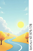 Road with trees on either side and a sun in the sky. Стоковое AI-изображение, AI-художник Sergey Grishin / Фотобанк Лори