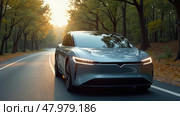 Silver Tesla car is driving down a road with trees in the background. Стоковое AI-изображение, AI-художник Sergey Grishin / Фотобанк Лори