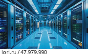 Interior of an IT department in action, servers and networks in a contemporary data center. Стоковое AI-видео, аниматор Михаил Строгалев / Фотобанк Лори