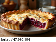 Вкусный ягодный пирог с золотистой корочкой, нарезанный на тарелке, домашний десерт. Стоковое AI-изображение, AI-художник Елена Болотина / Фотобанк Лори