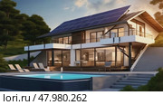 A cutting-edge solar-powered home with swimming pool, showcasing energy-efficient design and technologies. Стоковое AI-видео, аниматор Михаил Строгалев / Фотобанк Лори