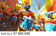 A lively celebration filled with drummers in bright orange and blue outfits, showcasing energetic performances in a festive atmosphere. Стоковое AI-изображение, AI-художник Данила Большаков / Фотобанк Лори