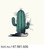 The vibrant green cactus stands tall with sharp spines, casting shadows on the sandy soil in a sunlit desert environment. Стоковое AI-изображение, AI-художник Данила Большаков / Фотобанк Лори