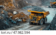 The industrial site at the openpit mine is bustling with yellow mining trucks and heavy machinery on a sunny day. Стоковое AI-изображение, AI-художник Anastasy Yarmolovich / Фотобанк Лори