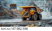 The industrial site at the openpit mine is bustling with yellow mining trucks and heavy machinery on a sunny day. Стоковое AI-изображение, AI-художник Anastasy Yarmolovich / Фотобанк Лори