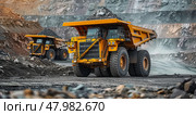 The industrial site at the openpit mine is bustling with yellow mining trucks and heavy machinery on a sunny day. Стоковое AI-изображение, AI-художник Anastasy Yarmolovich / Фотобанк Лори