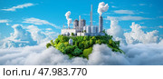 An EcoFriendly Industrial Complex, Magnificently Surrounded by Lush Greenery and Innovative Clean Energy Solutions. Стоковое AI-изображение, AI-художник Anastasy Yarmolovich / Фотобанк Лори