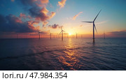 Wind Turbines Harnessing Power at Sea During Sunset, Стоковое AI-изображение, AI-художник Anastasy Yarmolovich / Фотобанк Лори