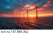 Wind Turbines Harnessing Power at Sea During Sunset, Стоковое AI-изображение, AI-художник Anastasy Yarmolovich / Фотобанк Лори