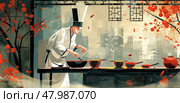 A chef skillfully combines ingredients in a tranquil Japanese kitchen adorned with cherry blossoms and traditional elements. Стоковое AI-изображение, AI-художник Данила Большаков / Фотобанк Лори