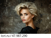 The captivating young woman showcases her stylish blonde hair and compelling eyes while standing before a unique textured backdrop. Стоковое AI-изображение, AI-художник Данила Большаков / Фотобанк Лори