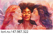Three women with diverse features close their eyes, embodying peace and unity against a colorful, abstract backdrop. Стоковое AI-изображение, AI-художник Данила Большаков / Фотобанк Лори