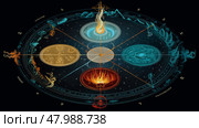 Exploring the intricate design of elemental symbols and cosmic elements in a vibrant circular diagram. Стоковое AI-изображение, AI-художник Сергей Толмачёв / Фотобанк Лори