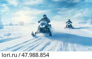 snow season vacation day snowmobiling ai generated. Стоковое AI-изображение, AI-художник Vectorwin / Фотобанк Лори