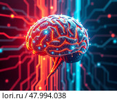 Мозг искусственного интеллекта, состоящий из схем, цифровых световых импульсов, абстрактного футуристического фона. Стоковое AI-изображение, AI-художник Ольга Денис / Фотобанк Лори