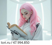 Гуманоидный робот читает книгу, минималистичная белая лаборатория, мягкий свет, чистая эстетика. Стоковое AI-изображение, AI-художник Ольга Денис / Фотобанк Лори