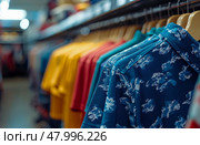 Vibrant shirts in various colors hang neatly on hangers in a clothing store, highlighting trendy summer styles suitable for casual outings or vacation. Стоковое AI-изображение, AI-художник Данила Большаков / Фотобанк Лори