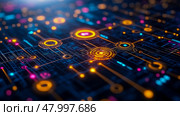 Abstract digital representation shows colorful network connections and nodes illuminated against a dark background, symbolizing technology and innovation. Стоковое AI-изображение, AI-художник Данила Большаков / Фотобанк Лори