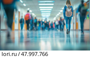 A somewhat blurry hospital corridor filled with numerous people walking about on their various errands and duties. Стоковое AI-изображение, AI-художник Anastasy Yarmolovich / Фотобанк Лори