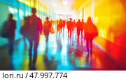 A somewhat blurry hospital corridor filled with numerous people walking about on their various errands and duties. Стоковое AI-изображение, AI-художник Anastasy Yarmolovich / Фотобанк Лори