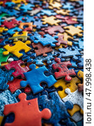 Various colorful jigsaw puzzle pieces are scattered across a blue surface, inviting creativity and focus during leisurely or fun activities. Стоковое AI-изображение, AI-художник Данила Большаков / Фотобанк Лори