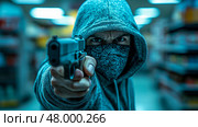 An armed person in a hoodie and mask points a gun directly ahead, creating a tense atmosphere in a poorly lit retail environment. Стоковое AI-изображение, AI-художник Данила Большаков / Фотобанк Лори