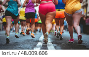 A group of runners in vibrant outfits competes in a city street race, showcasing determination and energy. Стоковое AI-изображение, AI-художник Данила Большаков / Фотобанк Лори