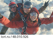 Three friends boldly paraglide, smiling and celebrating the breathtaking mountain views around them. Стоковое AI-изображение, AI-художник Данила Большаков / Фотобанк Лори