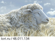 A sheep relaxes in tall grass, enjoying the sunny day and gentle breeze in a tranquil rural setting. Стоковое AI-изображение, AI-художник Данила Большаков / Фотобанк Лори